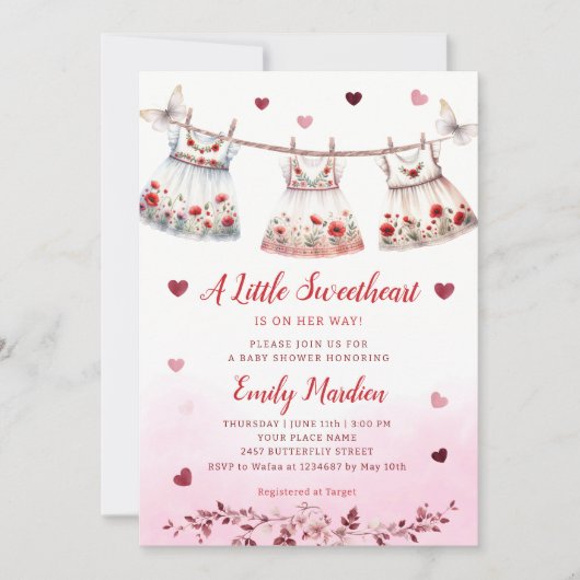 モダンピンクシンプルボホ服女の子ベビーシャワー 招待状 (正面)