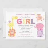 モダンピンクジャングルアニマルズガールベイビーシャワー 招待状 (正面)