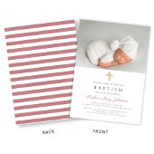 モダンピンクストライプ色の宗教十字写真バプテスマ 招待状
