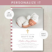 モダンピンクストライプ色の宗教十字写真バプテスマ 招待状