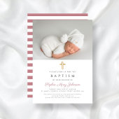 モダンピンクストライプ色の宗教十字写真バプテスマ 招待状