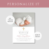 モダンピンクストライプ色の宗教十字写真バプテスマ 招待状