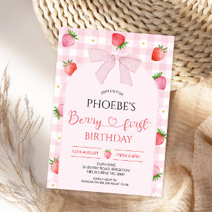 モダンピンクチェックアーチベリー1歳の誕生日 招待状