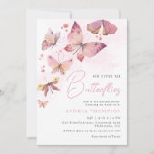 モダンピンクハ与えイME蝶ブライダルシャワー 招待状 (正面)