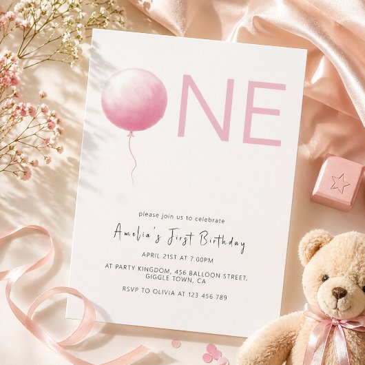 モダンピンクバルーンガールの1歳の誕生日 招待状