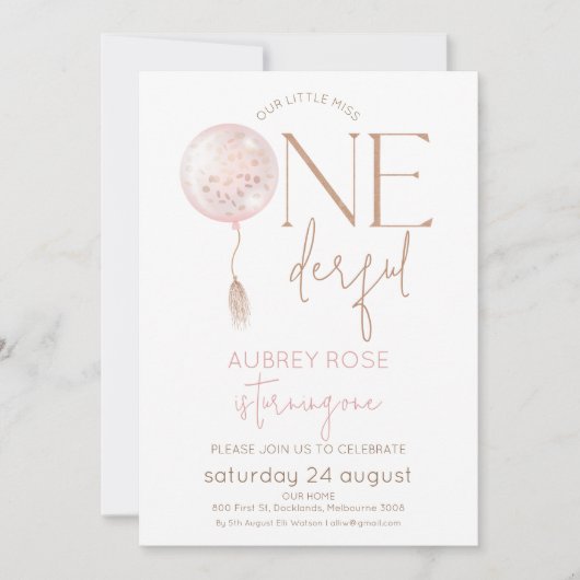 モダンピンクバルーン ワンダフル 1歳誕生日 招待状 (正面)