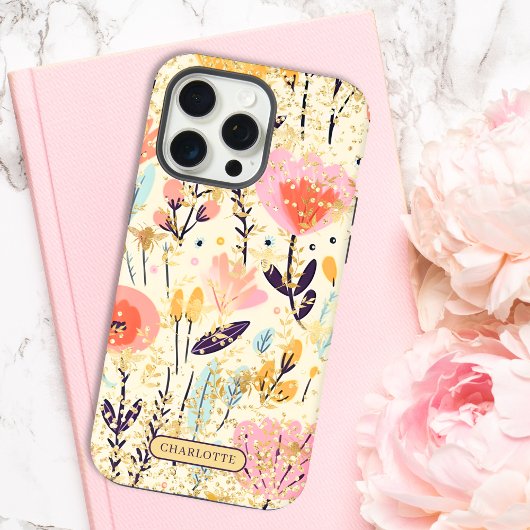 モダンピンクフラワーラメシックなカスタムネーム iPhoneケース