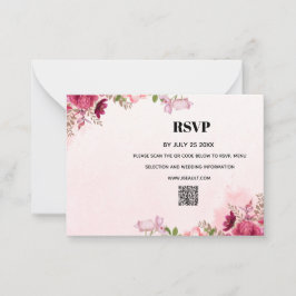 モダンピンクフラワーQRコード結婚式RSVPカード ノートカード