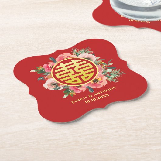 モダンピンクフローラ中国の結婚リース ペーパーコースター (アングル)