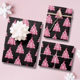 モダンピンクブラッククリスマスツリーパターン ラッピングペーパーシート