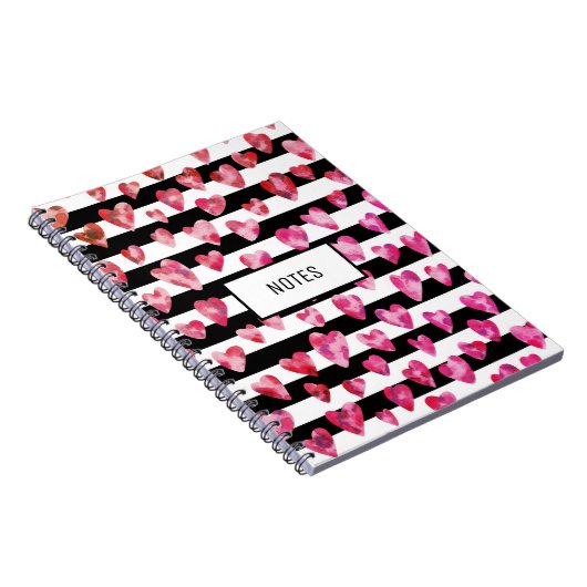 モダンピンクブラックストライプのラブハートパーソナライズされた ノートブック (右側)