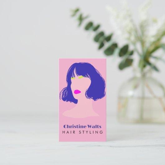 モダンピンクブルーライムヘアスタイリングフラットデザインQR 名刺 (スタンド正面)