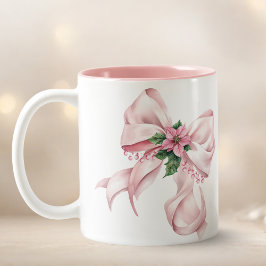 モダンピンクボウポインセチアクリスマスネーム ツートーンマグカップ