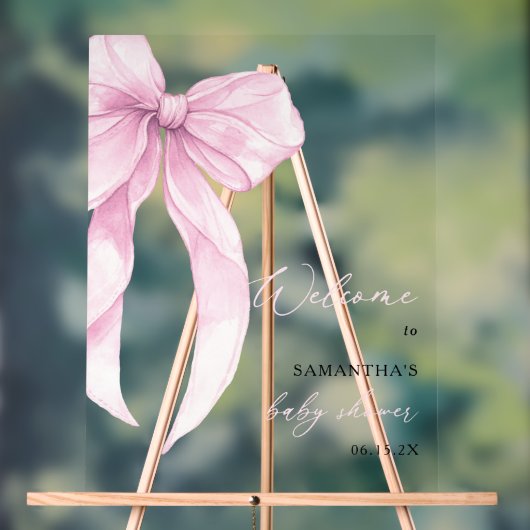 モダンピンクボー ベイビーシャワー ウェルカム アクリルサイン (ニュートラル)