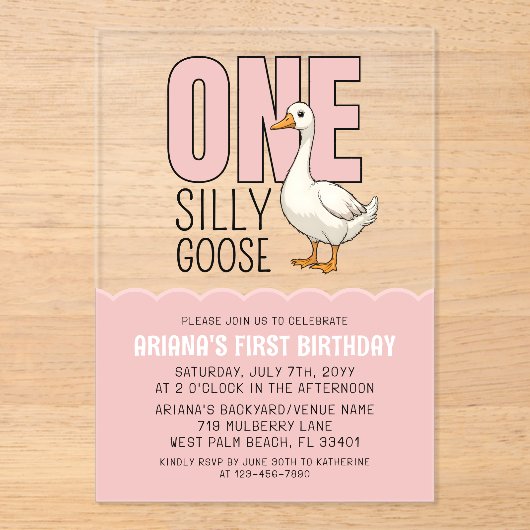 モダンピンクワン間抜けグース1歳パーティー アクリル招待状 (正面)