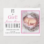 モダンピンク女の子！ベビー誕生発表 ポストカード (正面)