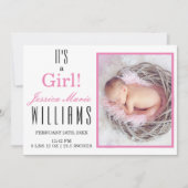 モダンピンク女の子!ベビー誕生発表 案内状 (正面)