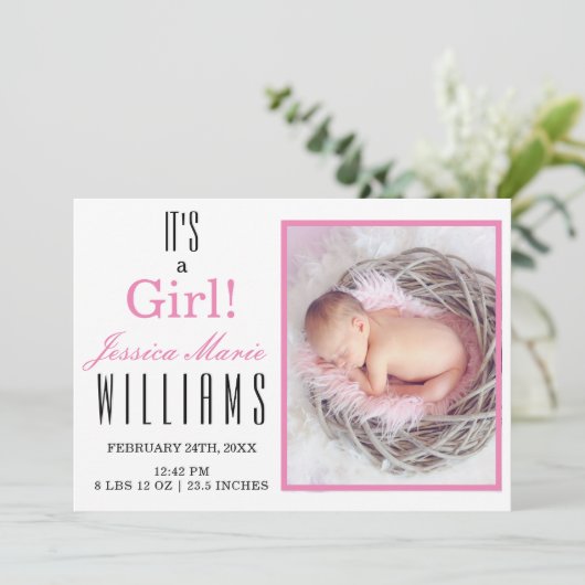 モダンピンク女の子!ベビー誕生発表 案内状 (スタンド正面)