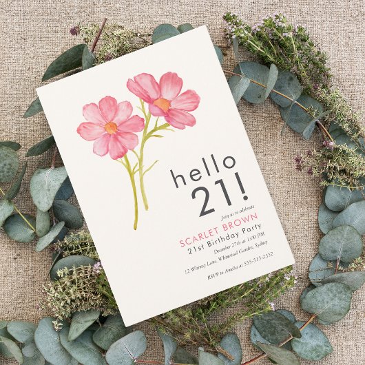 モダンピンク水彩フローラ21歳 招待状