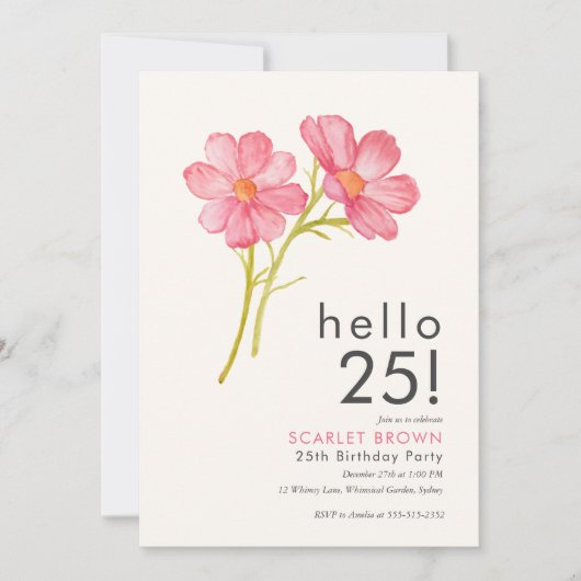 モダンピンク水彩フローラ25歳の誕生日 招待状 (正面)
