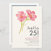 モダンピンク水彩フローラ25歳の誕生日 招待状 (正面/裏面)