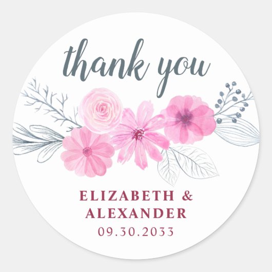 モダンピンク灰色の水色の花の春感謝してい ラウンドシール (正面)