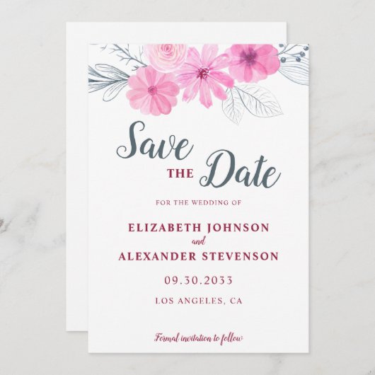 モダンピンク灰色の水色の花春の結婚式 セーブザデート (正面/裏面)