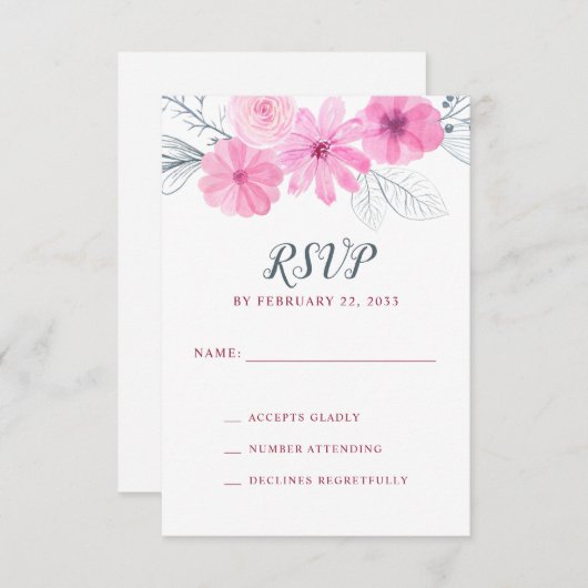モダンピンク灰色の水色の花春の結婚式 出欠カード (正面/裏面)