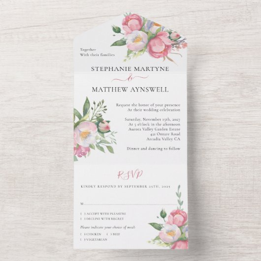 モダンピンク牡丹ウォーターフローラ結婚ズ オールインワン招待状 (内側)