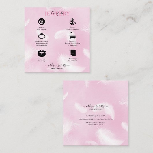 モダンピンク羽ジュエリー気に スクエア名刺 (正面/裏面)