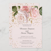モダンピンク色のフローラ金ゴールド結婚グリッター 招待状 (正面/裏面)