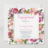 モダンピンク色フローラ婚約パーティ 招待状 (正面)