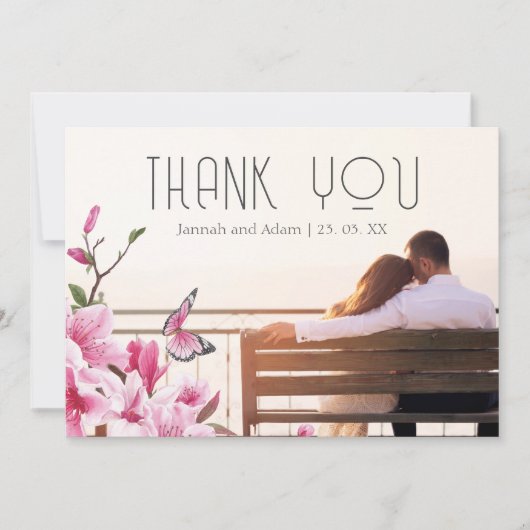 モダンピンク蝶フローラ結婚写真 サンキューカード (正面)