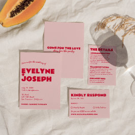 モダンピンク赤ファンキーレトロはっきりしたユニーク結婚s 招待状