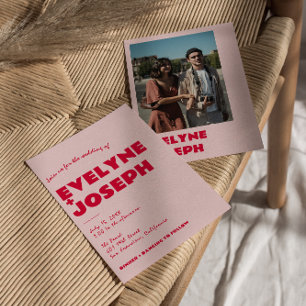 モダンピンク赤ファンキーレトロはっきりした写真結婚s 招待状