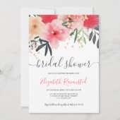 モダンピンク赤緑フローラ金ゴールドブライダルシャワー 招待状 (正面)