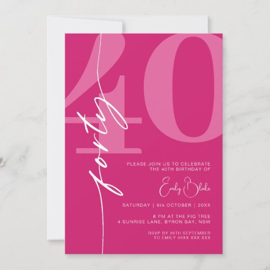 モダンピンク40歳の誕生日パーティー 招待状 (正面)