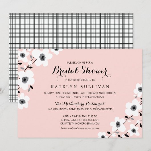 モダンピンク グレー ブラック アネモネ | ブライダルシャワー 招待状 (正面/裏面)