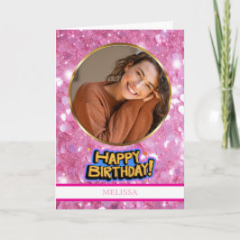 モダンピンク+ゴールドグリッター 写真 名前 誕生日 カード