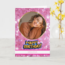 モダンピンク+ゴールドグリッター 写真 名前 誕生日 カード