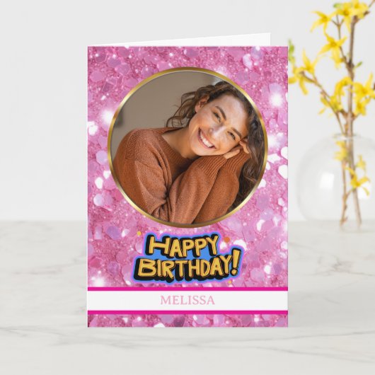 モダンピンク＋ゴールドグリッター 写真 名前 誕生日 カード (黄色い花)