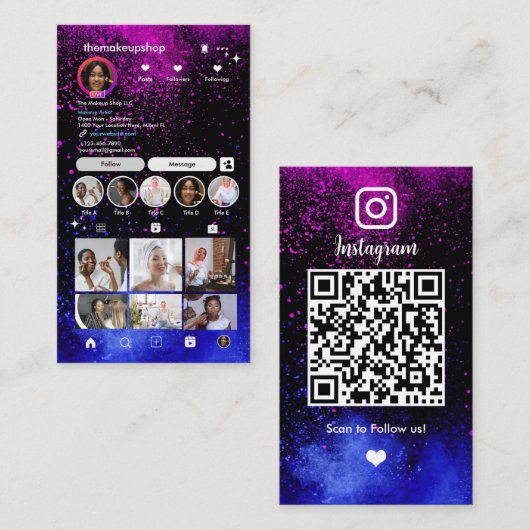 モダンピンク&ブルーInstagramQRコードソーシャルメディア 名刺 (正面/裏面)
