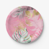 モダンピンク&金ゴールドトロピカル葉バースデーパーティー ペーパープレート (正面)