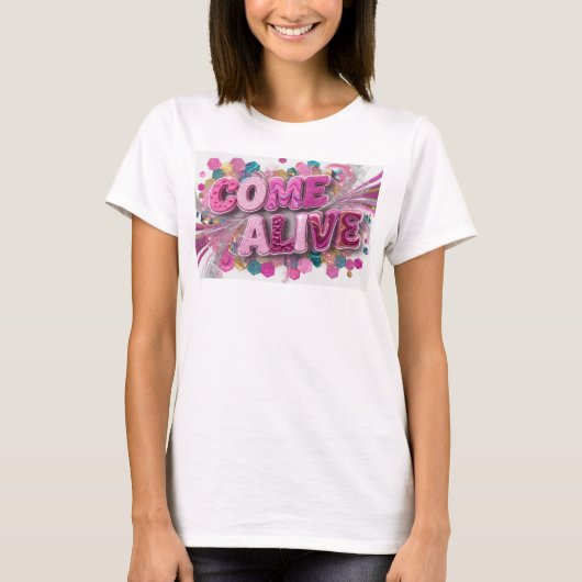 モダンピンクCOME ALIVE プリント Tシャツ (正面)