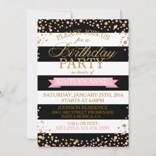 モダンピンストライプク&金ゴールドグリッタードット誕生日 招待状 (正面)