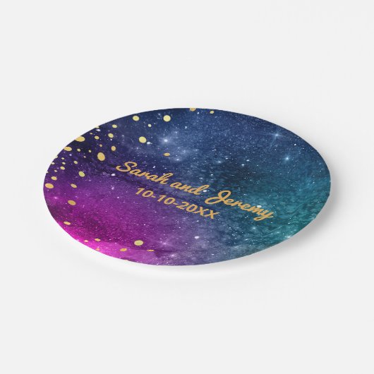 モダンピーコックブルー金ゴールドウォーター結婚カラー ペーパープレート (アングル)