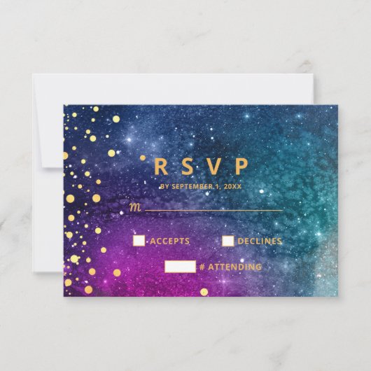 モダンピーコックブルー金ゴールドウォーター結婚カラー 出欠カード (正面)