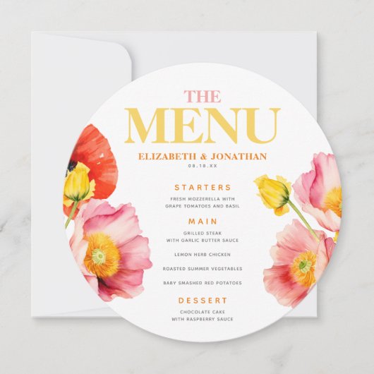 モダンピーチピンクオレンジポ結婚ピーのメニュー 案内状 (正面)