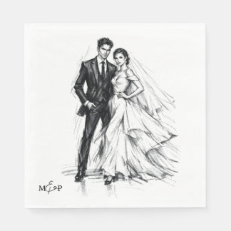 モダンファッションの炭筆画のカップルの結婚式 スタンダードランチョンナプキン