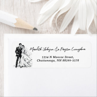 モダンファッションの炭筆画のカップルの結婚式 ラベル